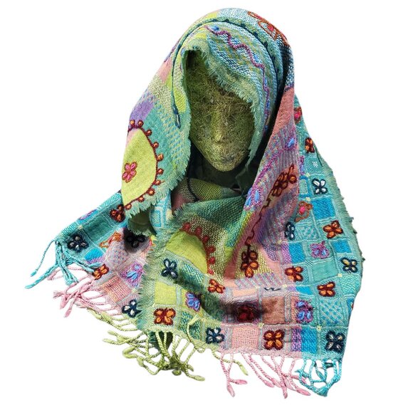 Vintage Asian Eye Wool Art to Wear Colorful Boho  Goblincore Scarf - Picture 1 of 7